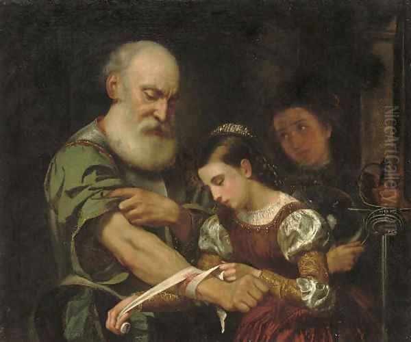 A young girl binding the wound of an old man Oil Painting by Bernhard Keil