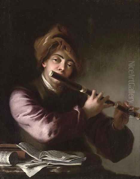 A man playing the flute by a table with sheet music Oil Painting by Jan Kupetzki