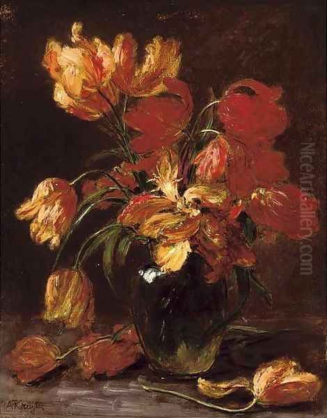 Parrot tulips in a glass vase Oil Painting by Alexis Kreyder