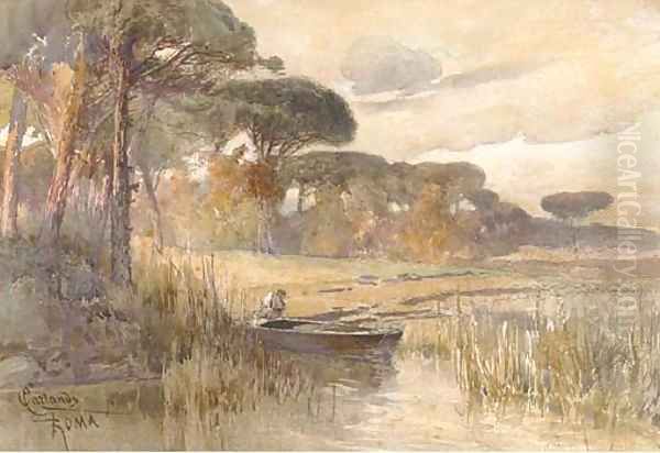 Figure in a boat at the river's edge, in a wooded landscape Oil Painting by C. Karlandi