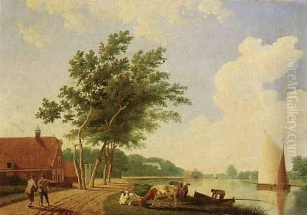 A farm by a river with cattle and peasants on a road Oil Painting by Hendrik Keun