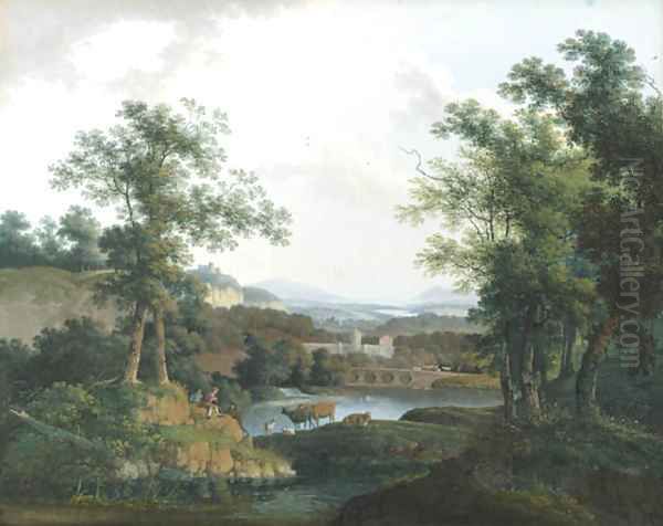 An extensive wooded river landscape with shepherds and their cattle in the foreground, a city beyond Oil Painting by Mattheus Derk Knip