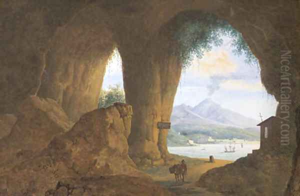 A traveller with his donkey near the Pansilippe, the Vesuvius in the distance Oil Painting by Mattheus Derk Knip