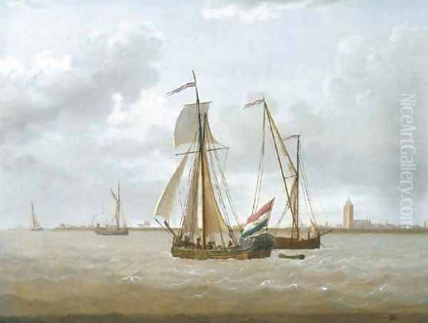 Shipping off the coast of the Zuyder Zee, a States Yacht raising its sails Oil Painting by David Kleyne