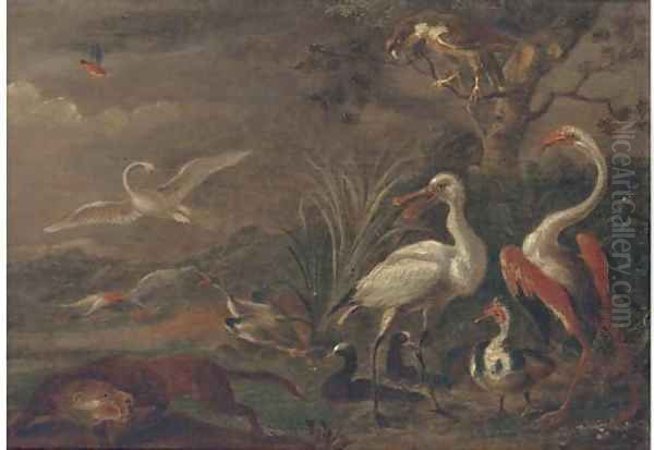 A fox chasing birds in a landscape Oil Painting by Ferdinand van Kessel