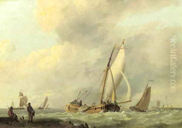 An estuary with sailing vessels in a breeze Oil Painting by Hermanus Sen Koekkoek