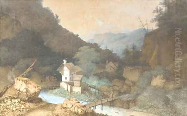 Farmhouses by a bridge over a river in a mountanious landscape Oil Painting by Mattheus Derk Knip