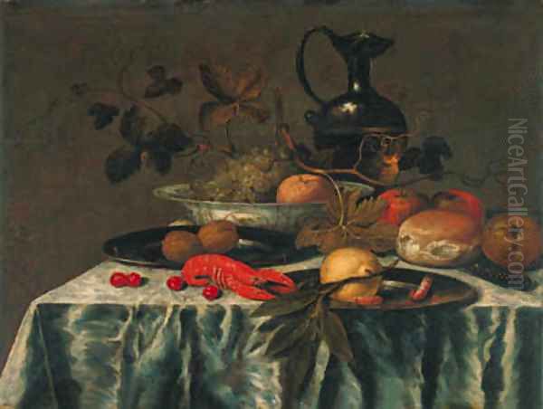 Grapes, vine leaves and an orange in a Wanli 'kraak' porselein dish Oil Painting by Roelof Koets