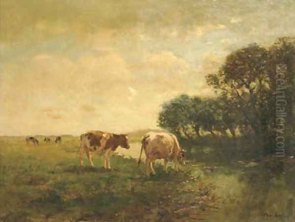 Cows by a stream in a polder landscape Oil Painting by Fedor Van Kregten