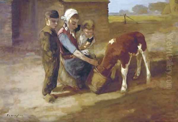 Feeding the little calf Oil Painting by Fedor Van Kregten