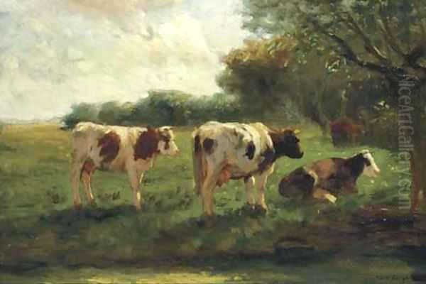 Cows in a sunlit polder landscape Oil Painting by Fedor Van Kregten