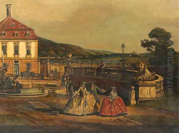 Elegant folk taking the air, the Schlosshof near Vienna beyond Oil Painting by Hermim Ginz Key