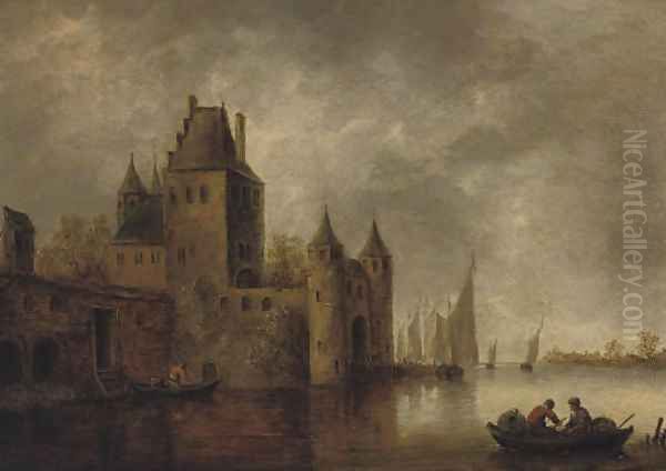 A river landscape with a city gate, shipping nearby Oil Painting by Wouter Knijff