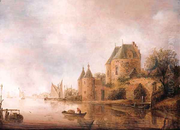 A view of the St. Janspoort, Haarlem, with a fisherman in a rowing boat nearby Oil Painting by Wouter Knijff