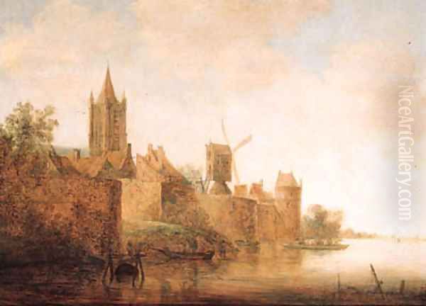 A view of Delft from the river Schie, with the Oude Kerk Oil Painting by Wouter Knijff