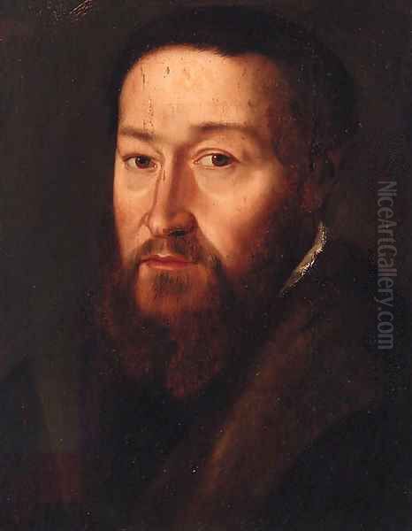 Portrait of a gentleman, head and shoulders, in a black jacket with a fur collar Oil Painting by Adriaen Thomas Key