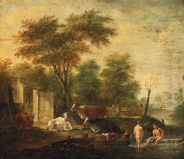 Herdsmen bathing in a Stream with Cattle grazing on a Bank nearby Oil Painting by Albert Klomp