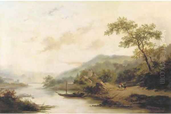 Ferry crossing in a hilly landscape by Frederik Marianus Kruseman