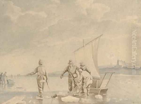 Dutch fishermen netting their catch on a frozen waterway Oil Painting by Johannes Hermanus Snr Koekkoek