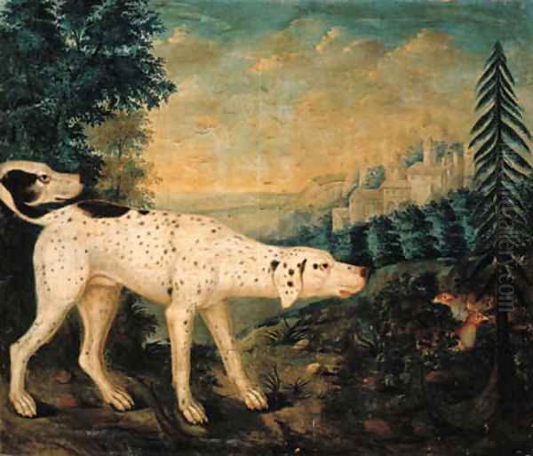 A pointer with a covey of partridge, a schloss beyond Oil Painting by Gerhard Kappers