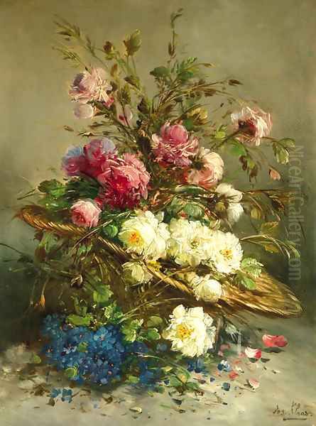 Still life with flowers in a wicker basket by Joseph Klaas