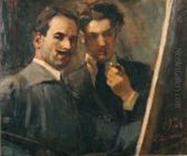 L'artista E Il Critico D'arte Alfredo Schettini Oil Painting by Luigi Crisconio