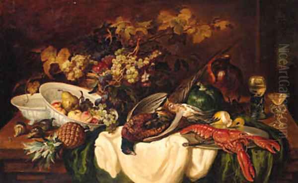 A collection of fruit and game on a table Oil Painting by Ludwig Adam Kunz