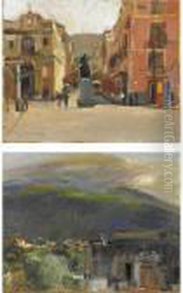 Piazza Di Sorrento; Meta Di Sorrento Oil Painting by Luigi Crisconio