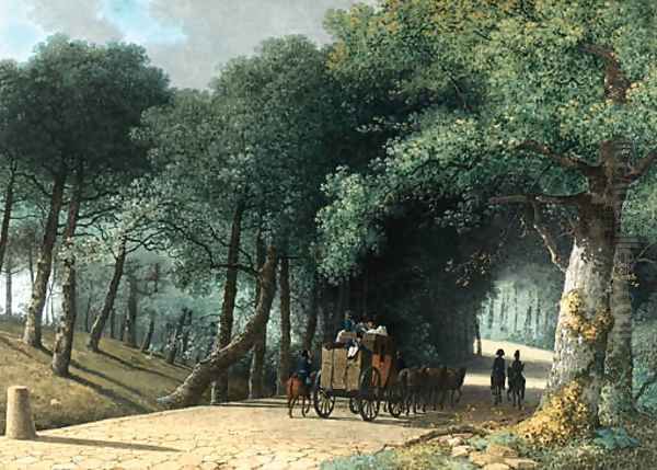 A Road entering a Forest with a Group of Soldiers attacking a Carriage Oil Painting by Martheus Derk Knip