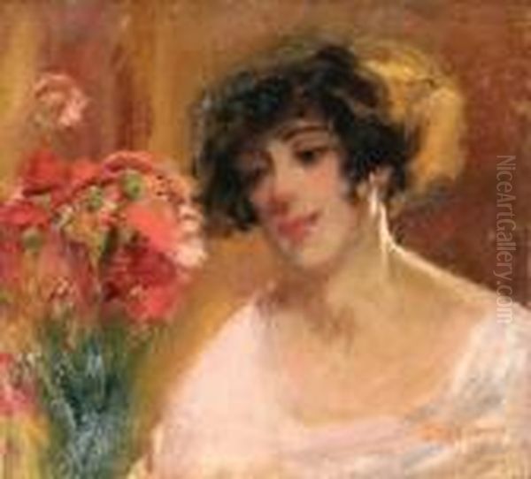 Figura Femminile Con Fiori Oil Painting by Luigi Crisconio