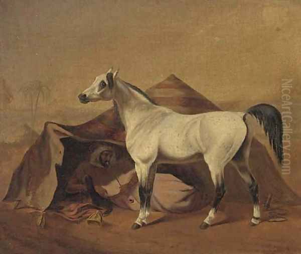 An Arab stallion tethered before a bedouin tent Oil Painting by Franz Kruger