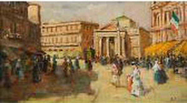 Trieste, Piazza Della Borsa Oil Painting by Bruno Croatto