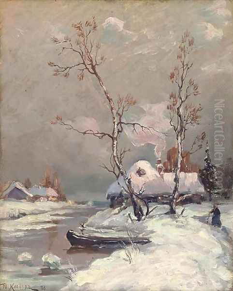 Riverside cottages in the snow Oil Painting by Iulii Iul'evich (Julius) Klever