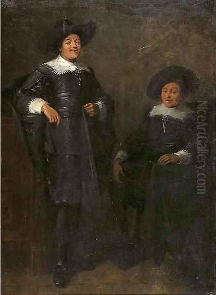 Portrait of two gentlemen, said to be Jan Tulp and Dirck Ruykhaver, full lengths, wearing black costumes with lace collars and cuffs and black hats Oil Painting by Thomas De Keyser