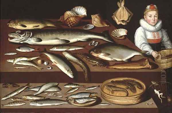 A table laden with a salmon Oil Painting by Albrecht Kauw