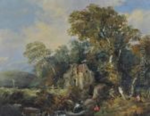 Figures Near An Old Watermill Oil Painting by John Crome