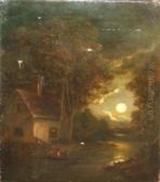 Moonlit River Landscape With Figures In A Boat By Cottage Oil Painting by John Crome