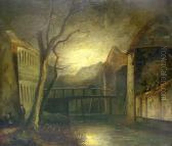 Town River Scene Illuminated By Moonlight Oil Painting by John Crome