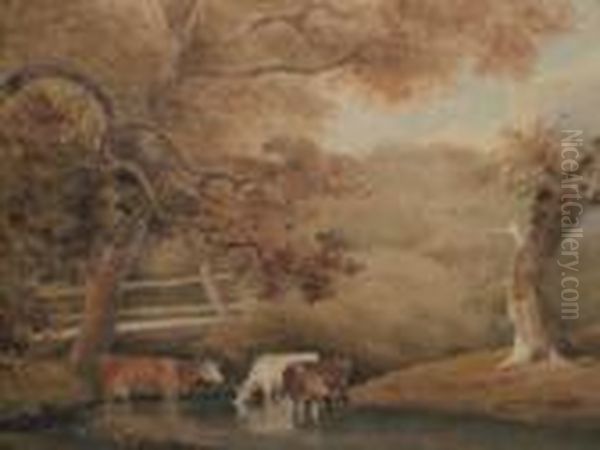 Cattle Watering In A Stream; 
Watercolour, Bearslabel For Thomas Agnew & Sons, London, Verso, 
37x56cm Oil Painting by John Crome