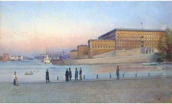 Elegant figures on the quay before the Royal Palace, Stockholm Oil Painting by Johan Kindborg