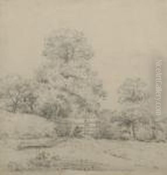 Figures By A Gate With Woodland;
 Pencil, 27x25cm. Provenance: With The Squire Gallery, London According 
To Label Attached To The Reverse Oil Painting by John Crome