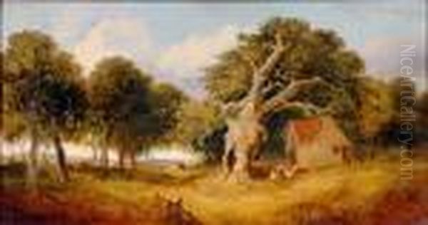 Wooded Landscape With Figures By A Cottage And An Old Oak Tree Oil Painting by John Crome