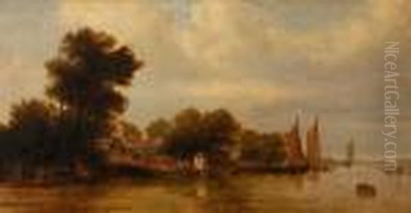 Boats On The River By A Thatched Cottage Oil Painting by John Crome