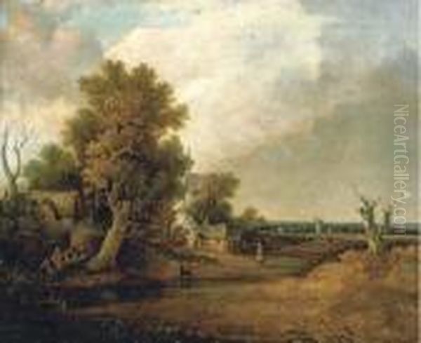 A Wooded Landscape With Cottages By A River And A Windmillbeyond Oil Painting by John Crome