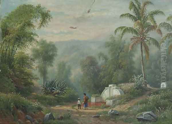 Figures passing Chinese graves in an Indonesian landscape, probably near Malang Oil Painting by Maurits Ernest Hugo Rudolph Van Den Kerckhoff