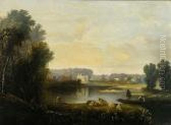 Pastoral Scene With Figures And Sheep By A Lake Oil Painting by John Crome