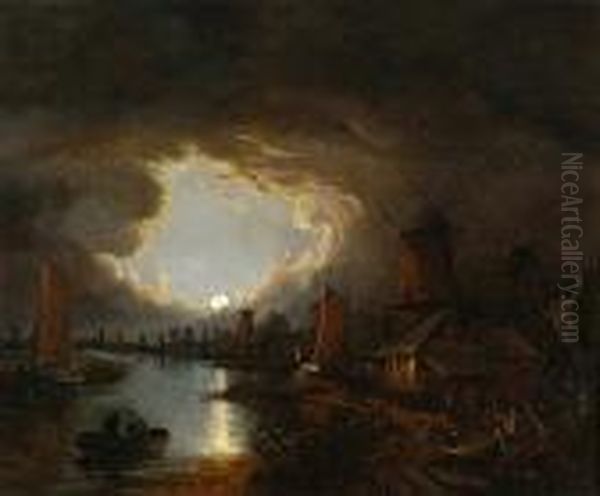 Boats And Windmills At Moonlight Oil Painting by John Crome