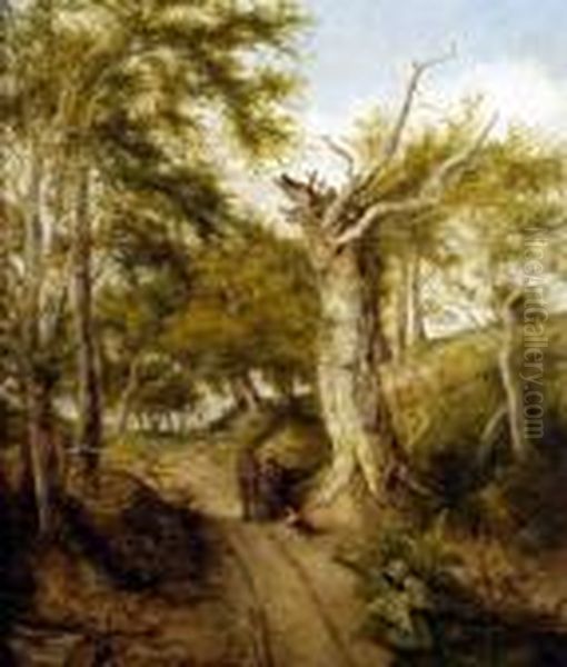 A Summer Landscape, With Figures And Dog Resting On A Woodland Path Oil Painting by John Crome