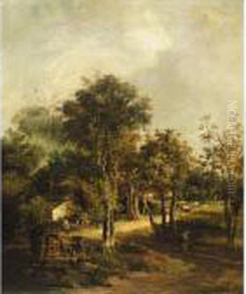 A Wooded Landscape With Cottagers On A Path In The Foreground Oil Painting by John Crome