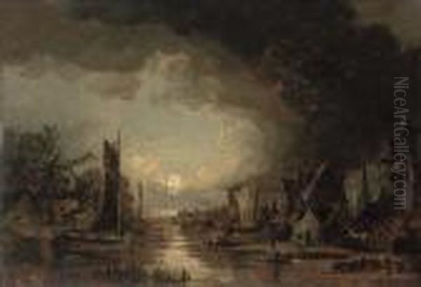 A Moonlit River Oil Painting by John Crome